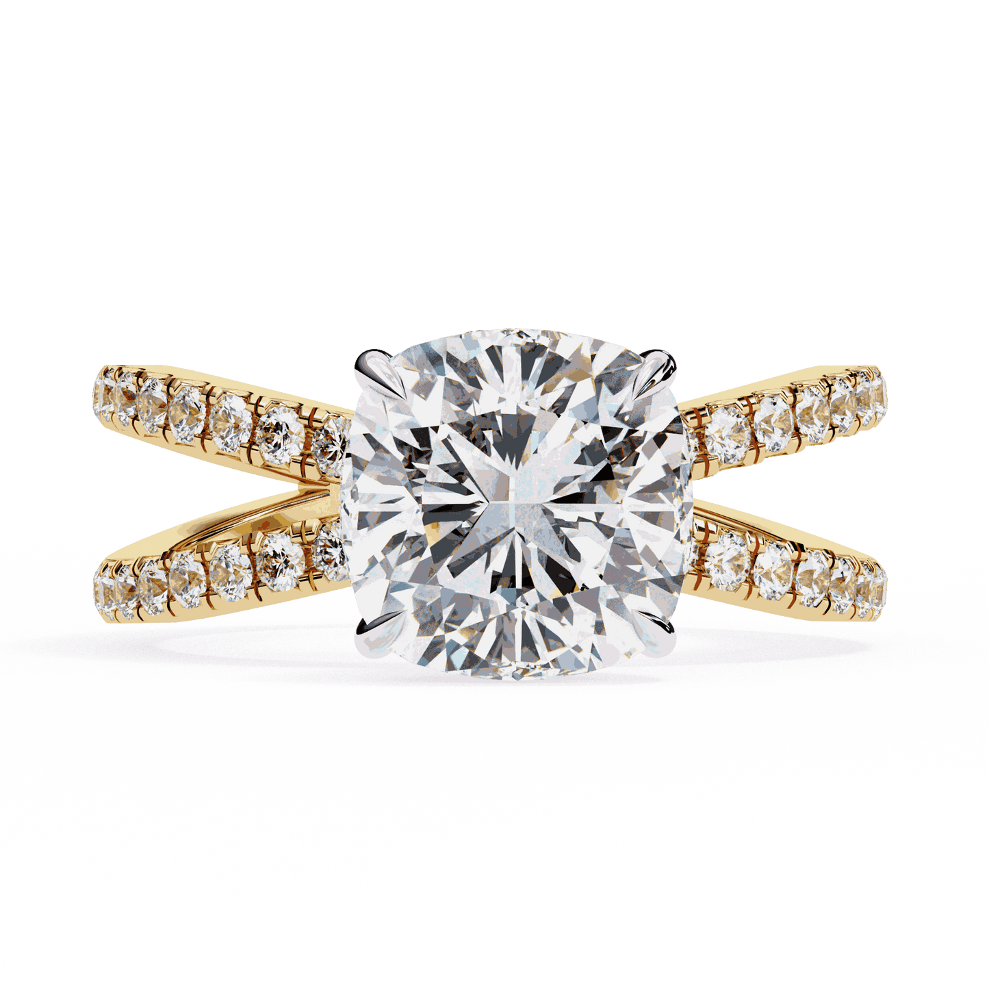 Cushion Cut Lab Grown Diamond Side Stone Engagement Ring with Pavé Crossover Shank