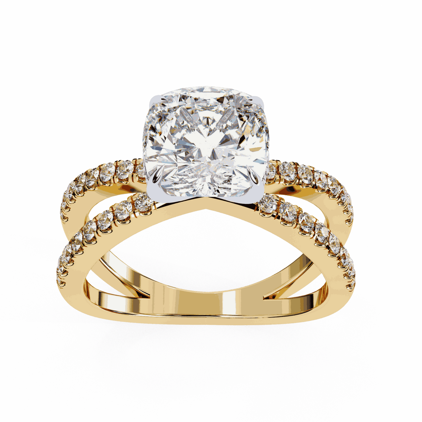 Cushion Cut Lab Grown Diamond Side Stone Engagement Ring with Pavé Crossover Shank