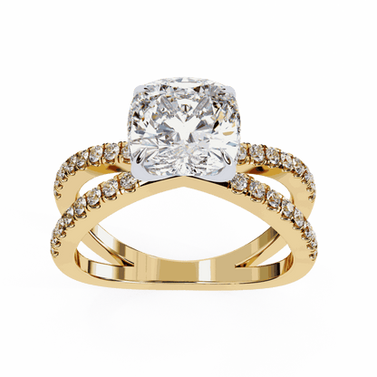Cushion Cut Lab Grown Diamond Side Stone Engagement Ring with Pavé Crossover Shank