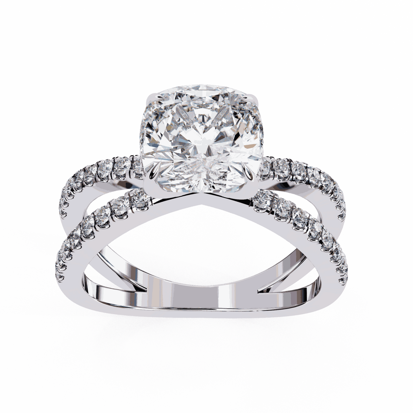 Cushion Cut Lab Grown Diamond Side Stone Engagement Ring with Pavé Crossover Shank