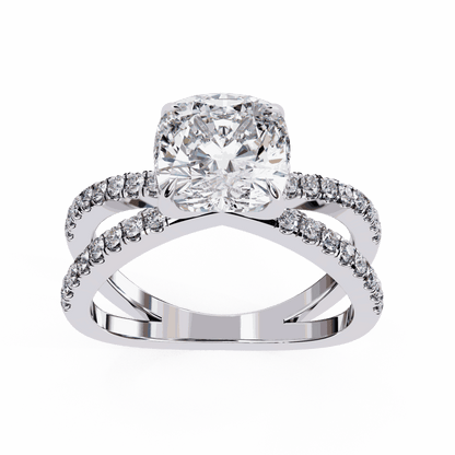 Cushion Cut Lab Grown Diamond Side Stone Engagement Ring with Pavé Crossover Shank