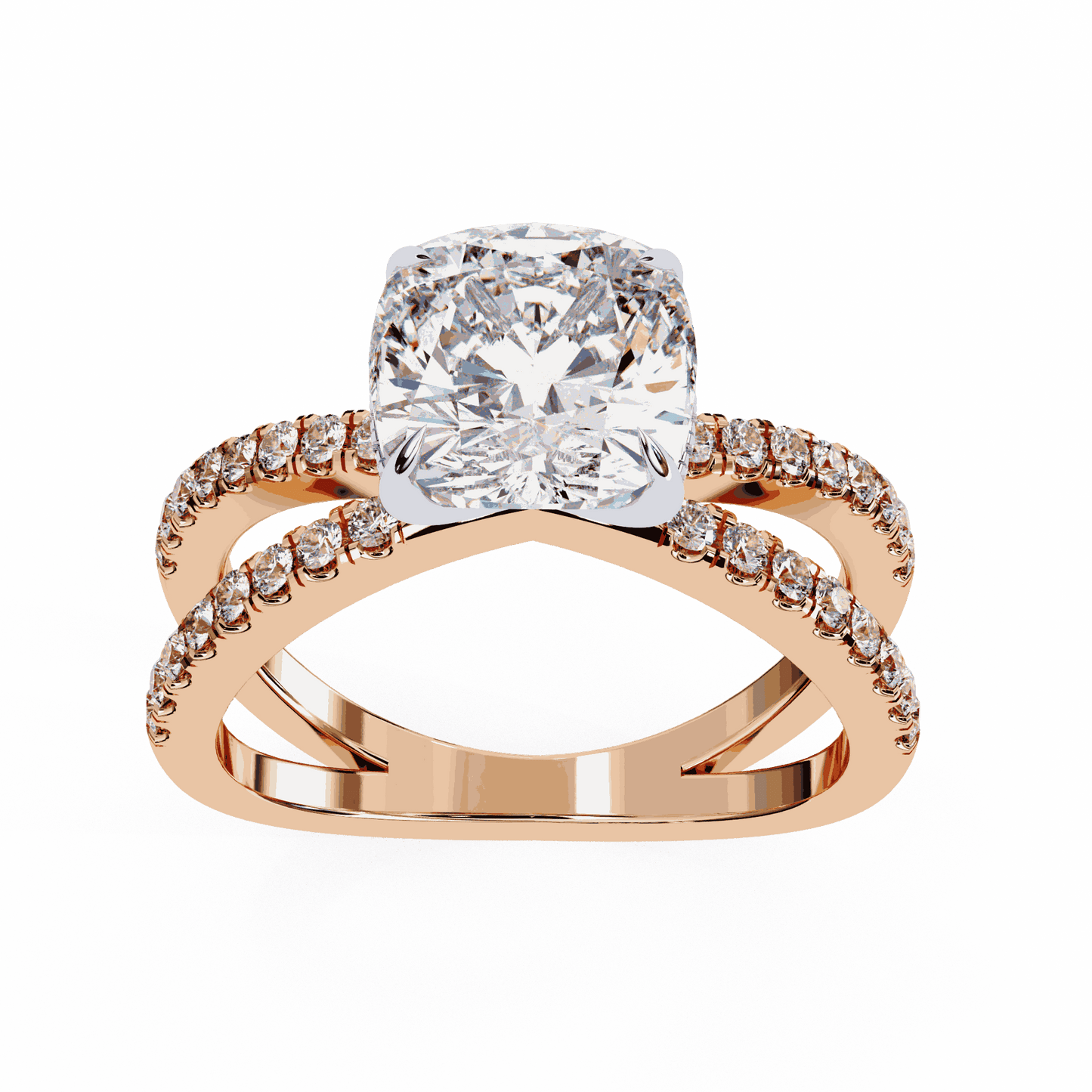 Cushion Cut Lab Grown Diamond Side Stone Engagement Ring with Pavé Crossover Shank
