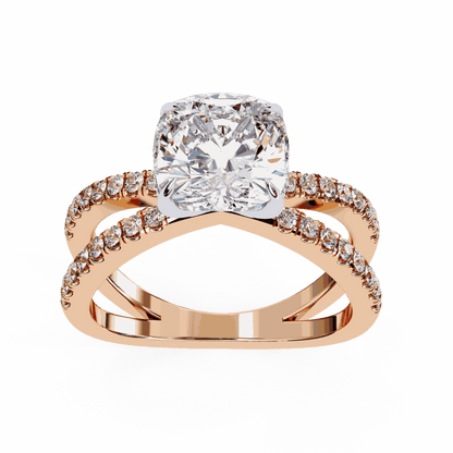 Cushion Cut Lab Grown Diamond Side Stone Engagement Ring with Pavé Crossover Shank
