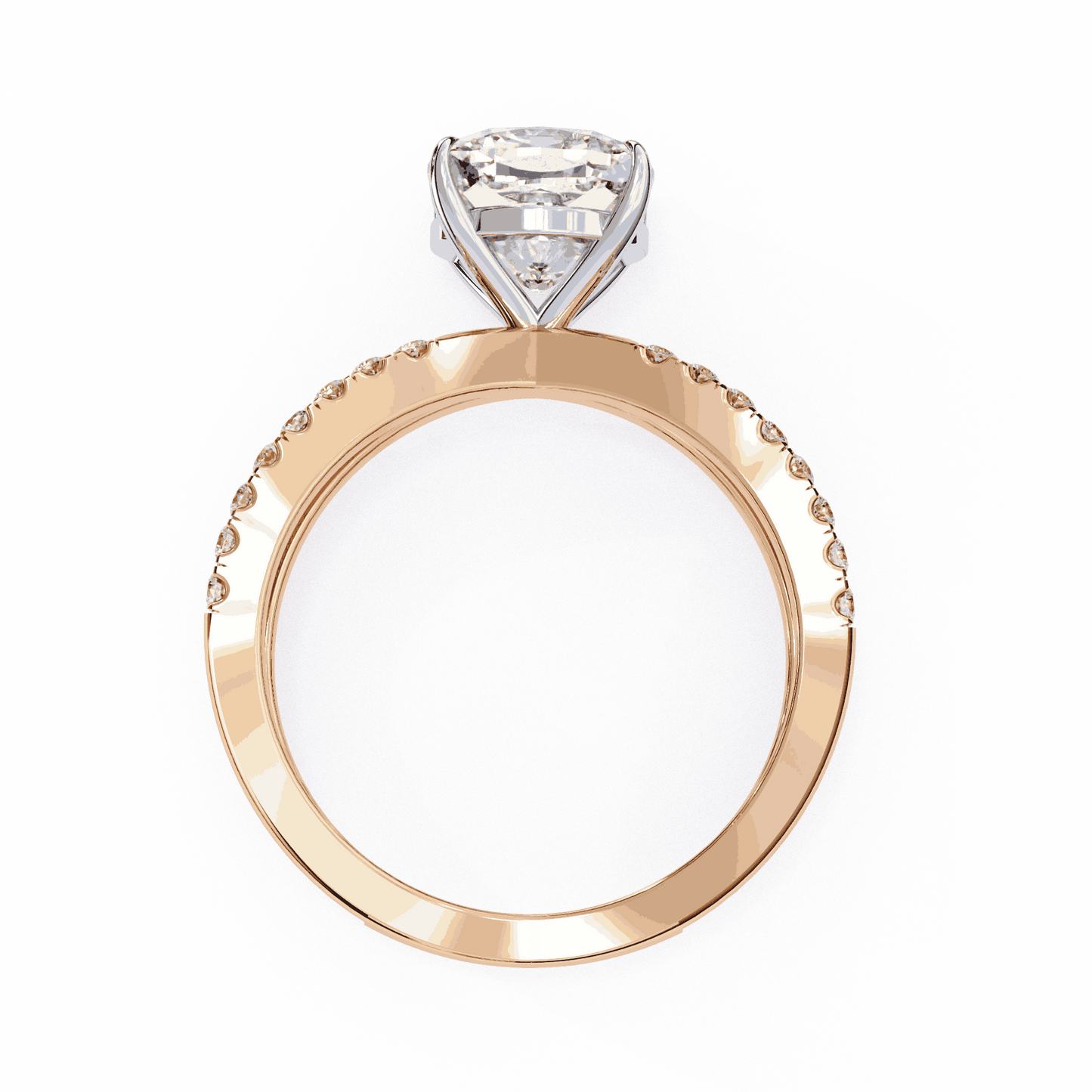 Cushion Cut Lab Grown Diamond Side Stone Engagement Ring with Pavé Crossover Shank