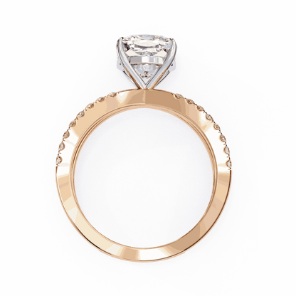 Cushion Cut Lab Grown Diamond Side Stone Engagement Ring with Pavé Crossover Shank