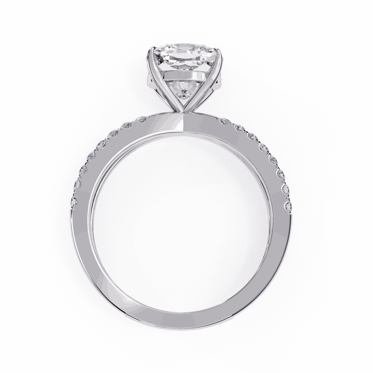 Cushion Cut Lab Grown Diamond Side Stone Engagement Ring with Pavé Crossover Shank