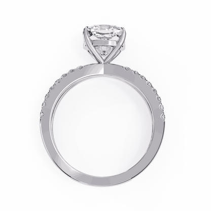 Cushion Cut Lab Grown Diamond Side Stone Engagement Ring with Pavé Crossover Shank
