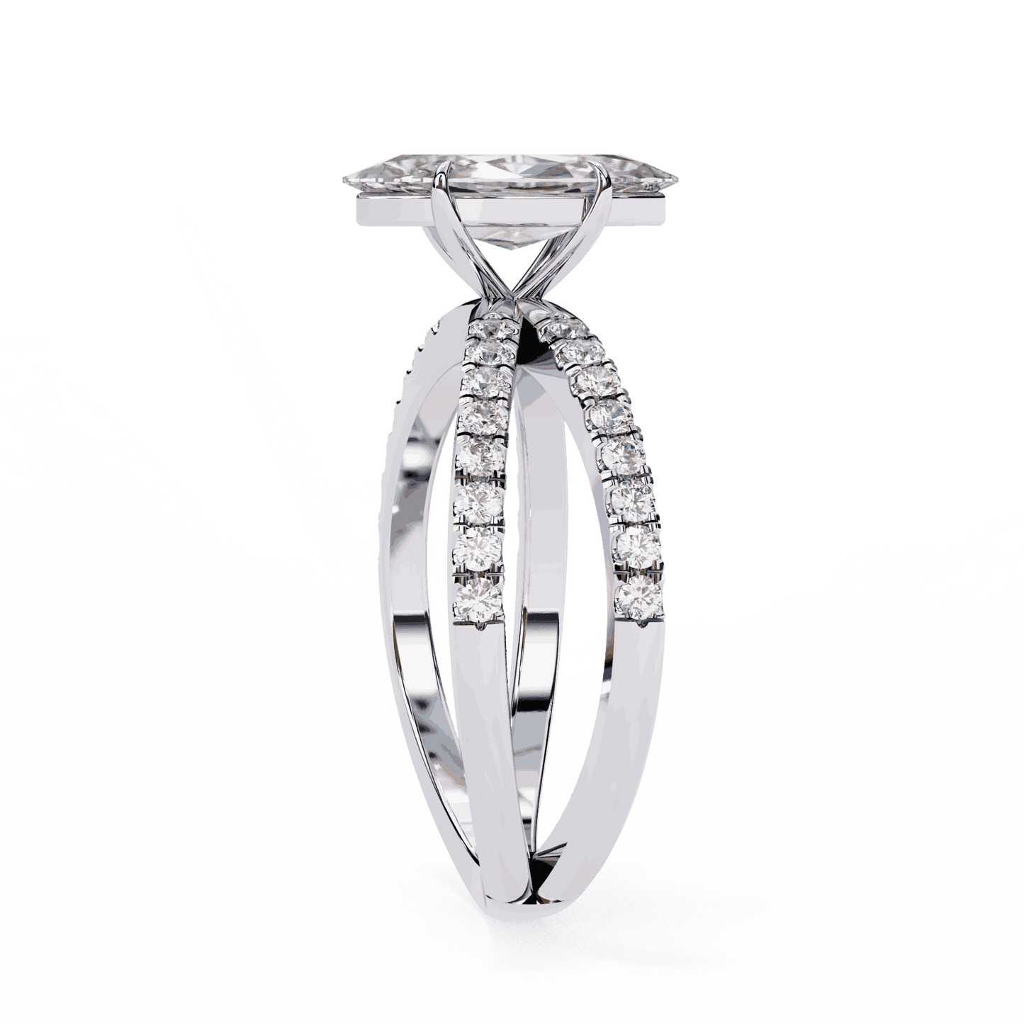 Marquise Cut Lab Grown Diamond Side Stone Engagement Ring with Pavé Crossover Shank