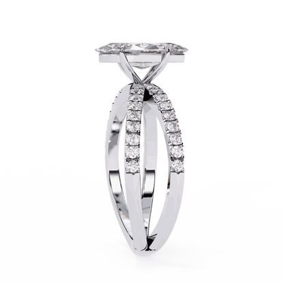 Marquise Cut Lab Grown Diamond Side Stone Engagement Ring with Pavé Crossover Shank