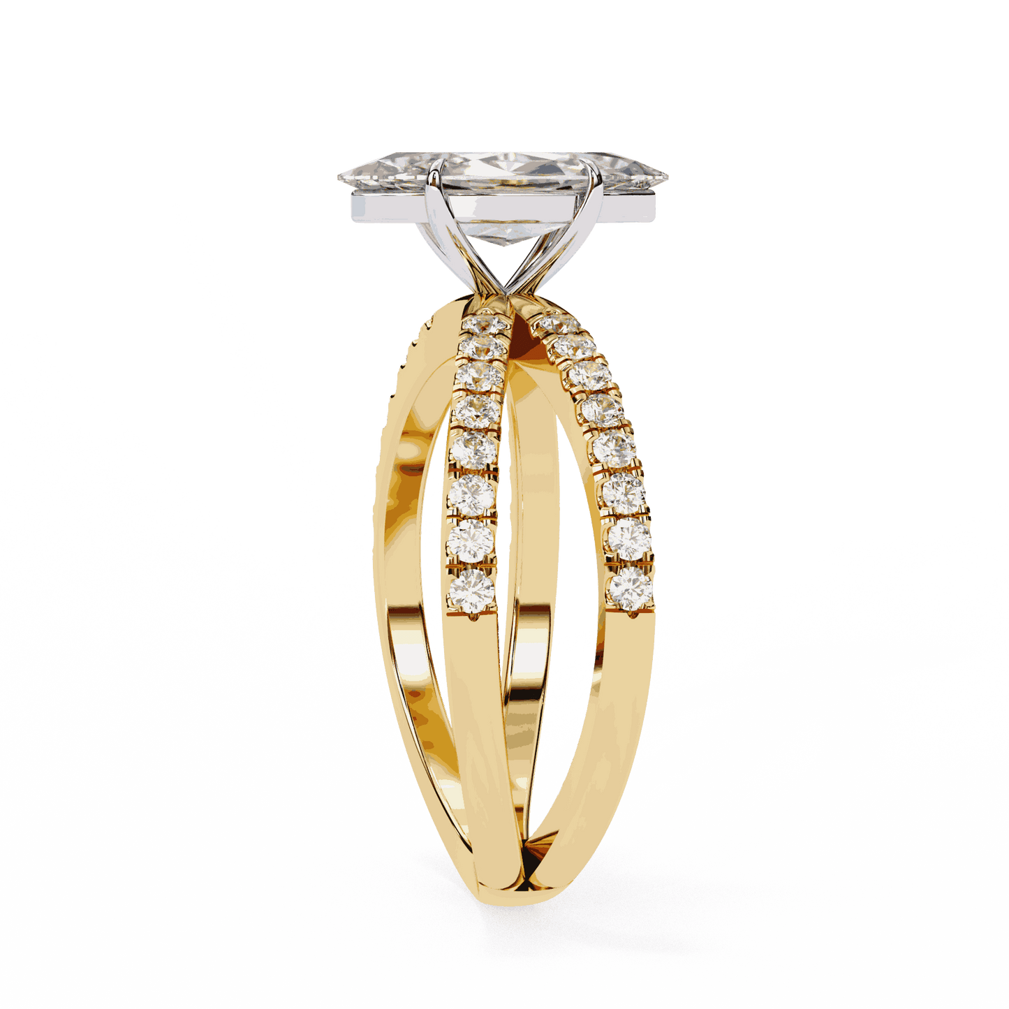 Marquise Cut Lab Grown Diamond Side Stone Engagement Ring with Pavé Crossover Shank