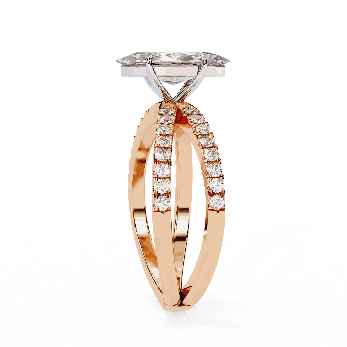 Marquise Cut Lab Grown Diamond Side Stone Engagement Ring with Pavé Crossover Shank