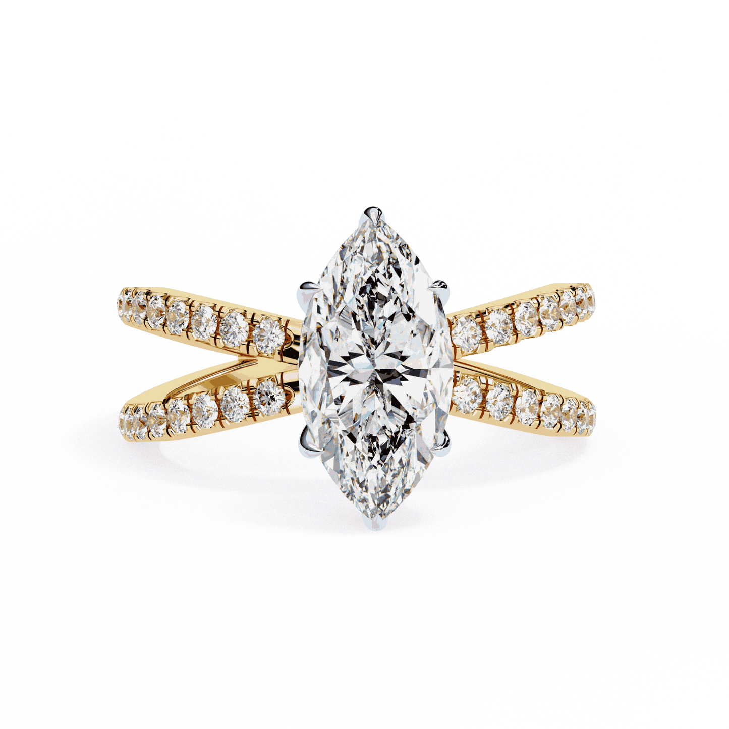Marquise Cut Lab Grown Diamond Side Stone Engagement Ring with Pavé Crossover Shank