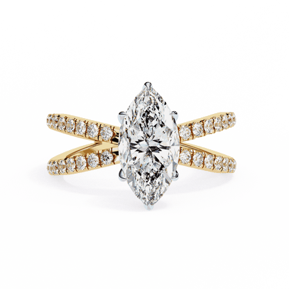 Marquise Cut Lab Grown Diamond Side Stone Engagement Ring with Pavé Crossover Shank