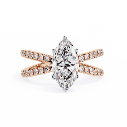 Marquise Cut Lab Grown Diamond Side Stone Engagement Ring with Pavé Crossover Shank