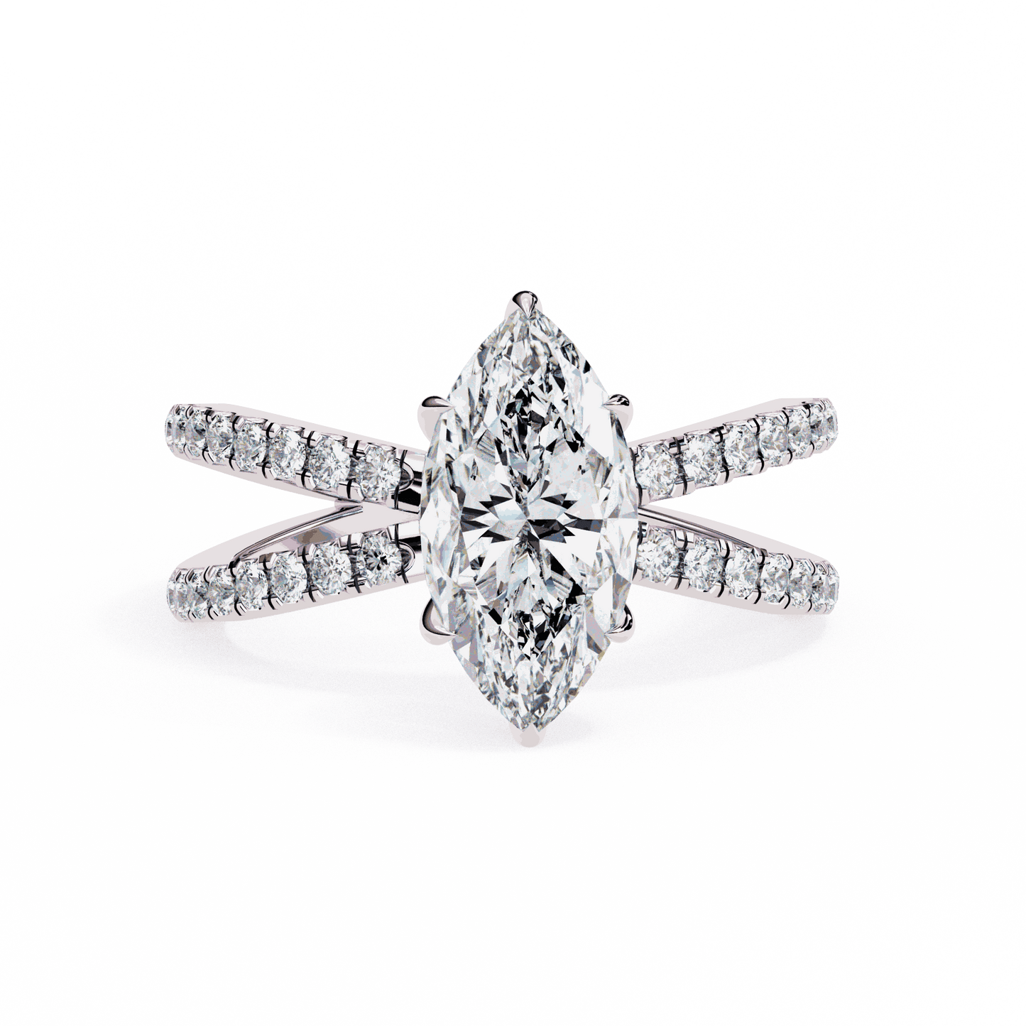 Marquise Cut Lab Grown Diamond Side Stone Engagement Ring with Pavé Crossover Shank