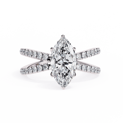 Marquise Cut Lab Grown Diamond Side Stone Engagement Ring with Pavé Crossover Shank