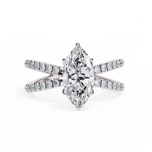 Marquise Cut Lab Grown Diamond Side Stone Engagement Ring with Pavé Crossover Shank