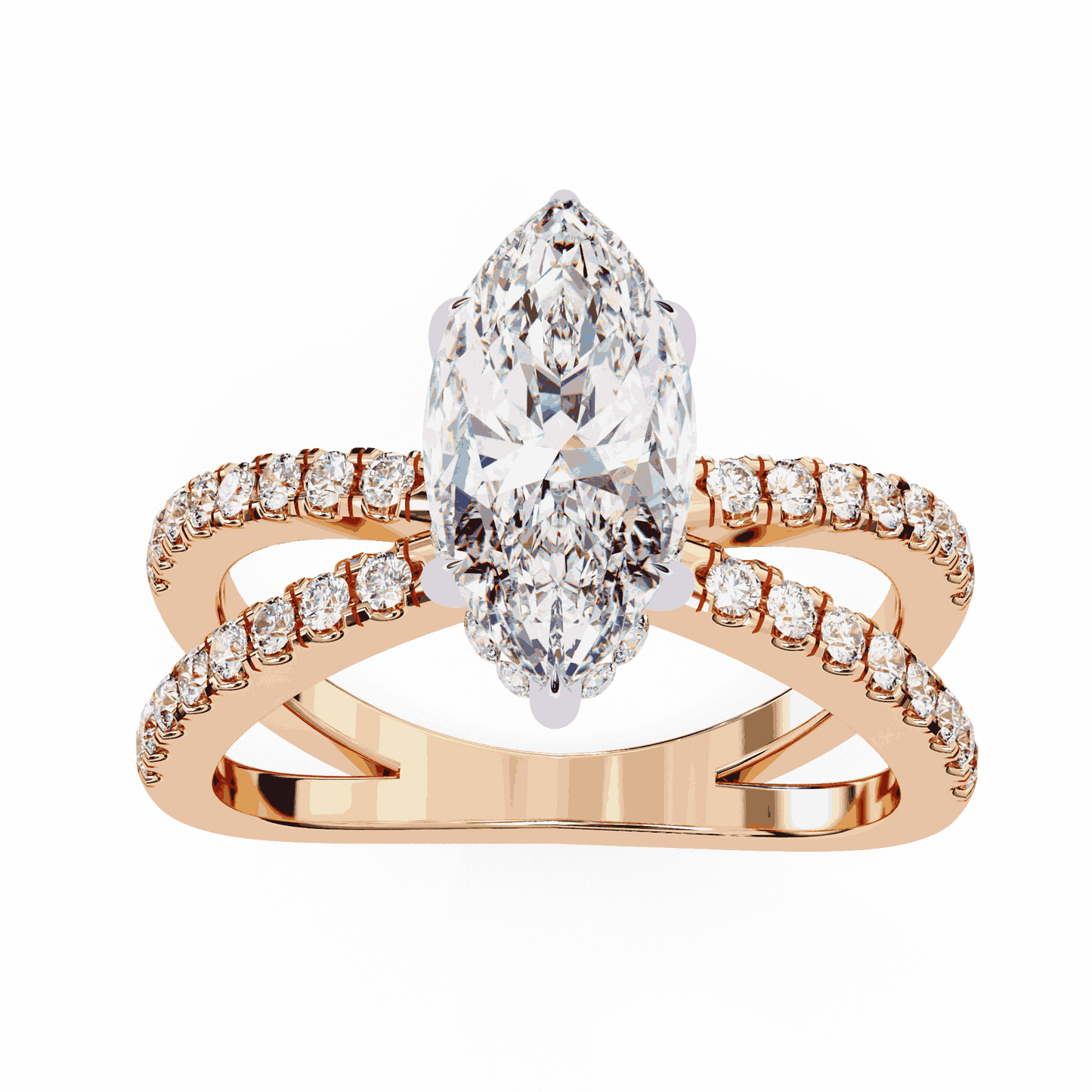 Marquise Cut Lab Grown Diamond Side Stone Engagement Ring with Pavé Crossover Shank