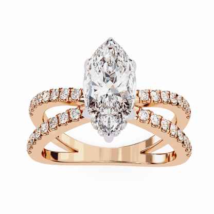 Marquise Cut Lab Grown Diamond Side Stone Engagement Ring with Pavé Crossover Shank