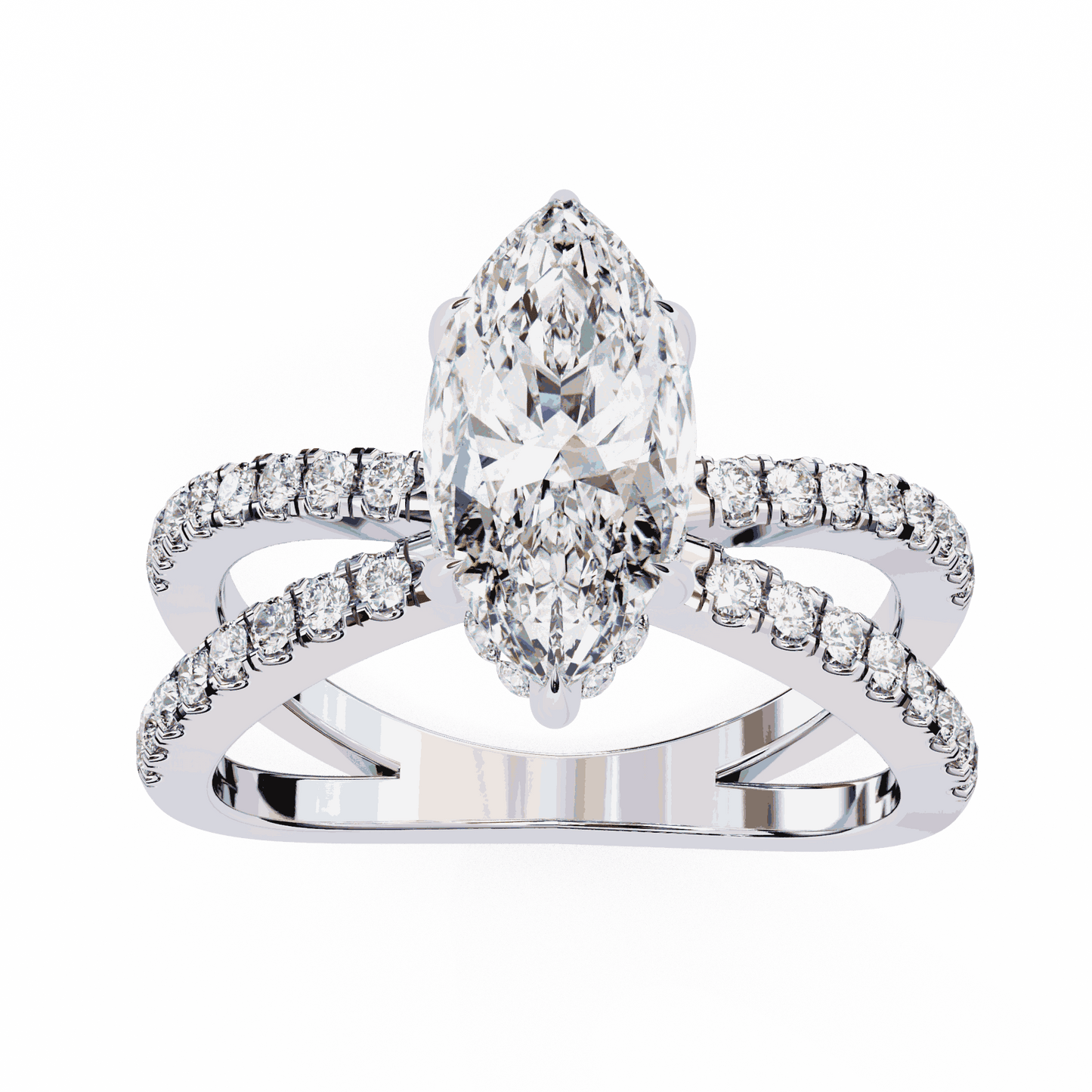 Marquise Cut Lab Grown Diamond Side Stone Engagement Ring with Pavé Crossover Shank