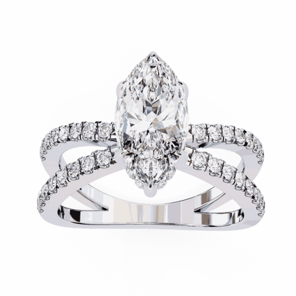Marquise Cut Lab Grown Diamond Side Stone Engagement Ring with Pavé Crossover Shank
