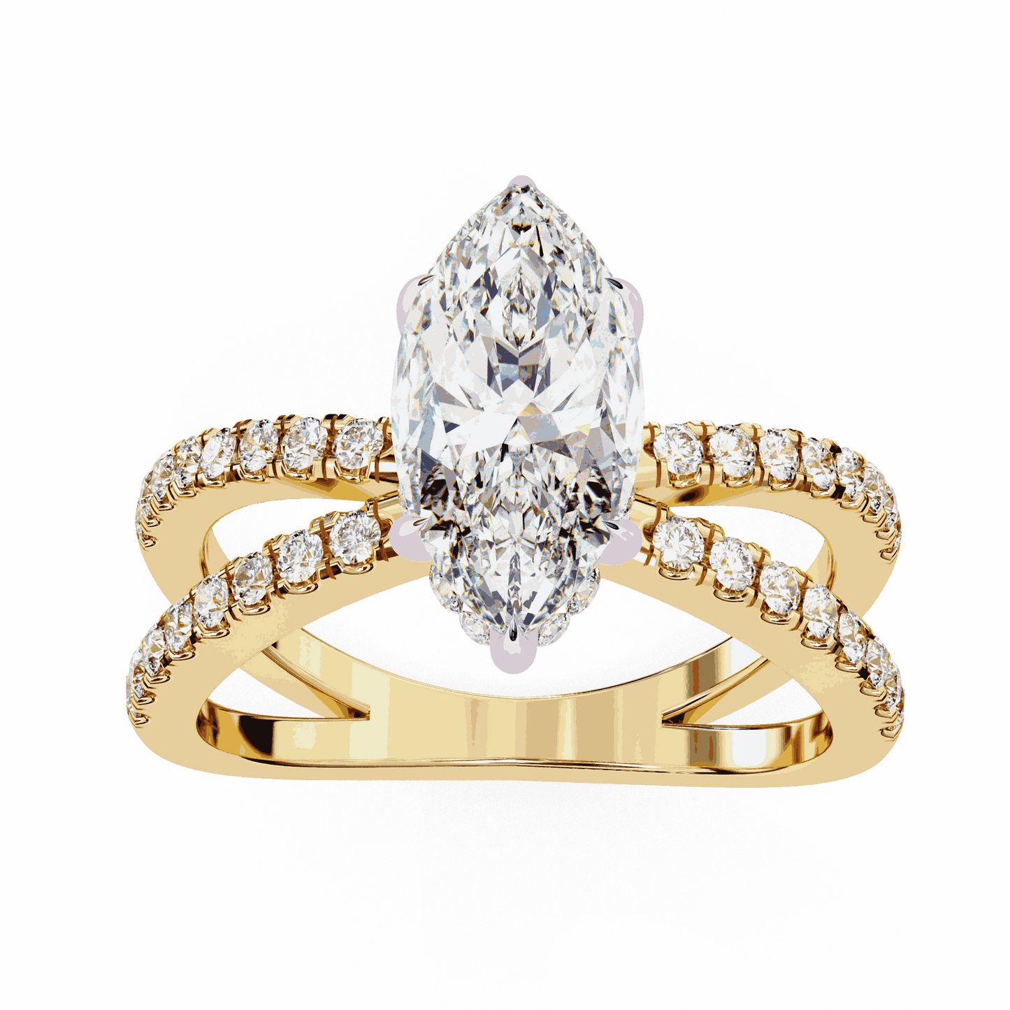 Marquise Cut Lab Grown Diamond Side Stone Engagement Ring with Pavé Crossover Shank