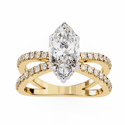 Marquise Cut Lab Grown Diamond Side Stone Engagement Ring with Pavé Crossover Shank