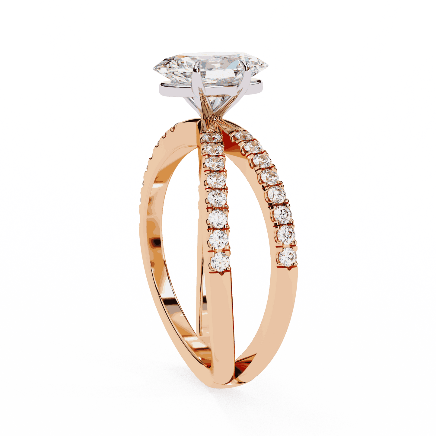 Oval Cut Lab Grown Diamond Side Stone Engagement Ring with Pavé Crossover Shank