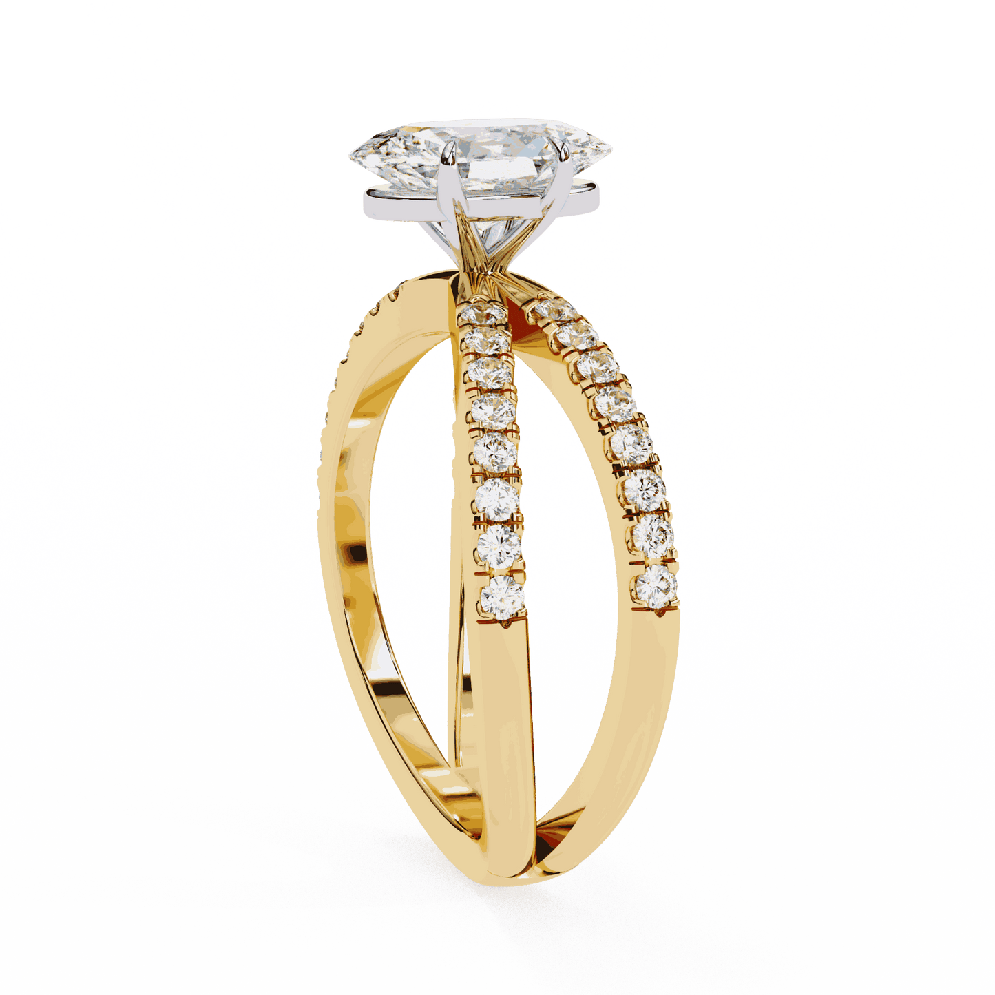 Oval Cut Lab Grown Diamond Side Stone Engagement Ring with Pavé Crossover Shank