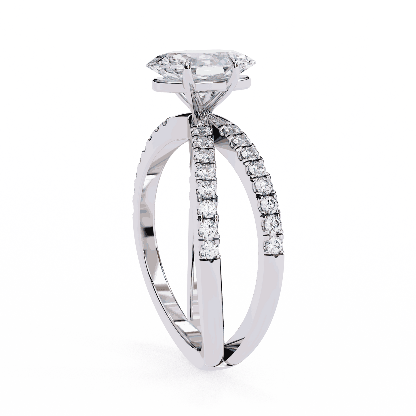 Oval Cut Lab Grown Diamond Side Stone Engagement Ring with Pavé Crossover Shank