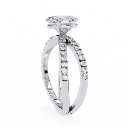 Oval Cut Lab Grown Diamond Side Stone Engagement Ring with Pavé Crossover Shank
