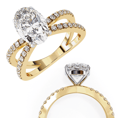 Oval Cut Lab Grown Diamond Side Stone Engagement Ring with Pavé Crossover Shank