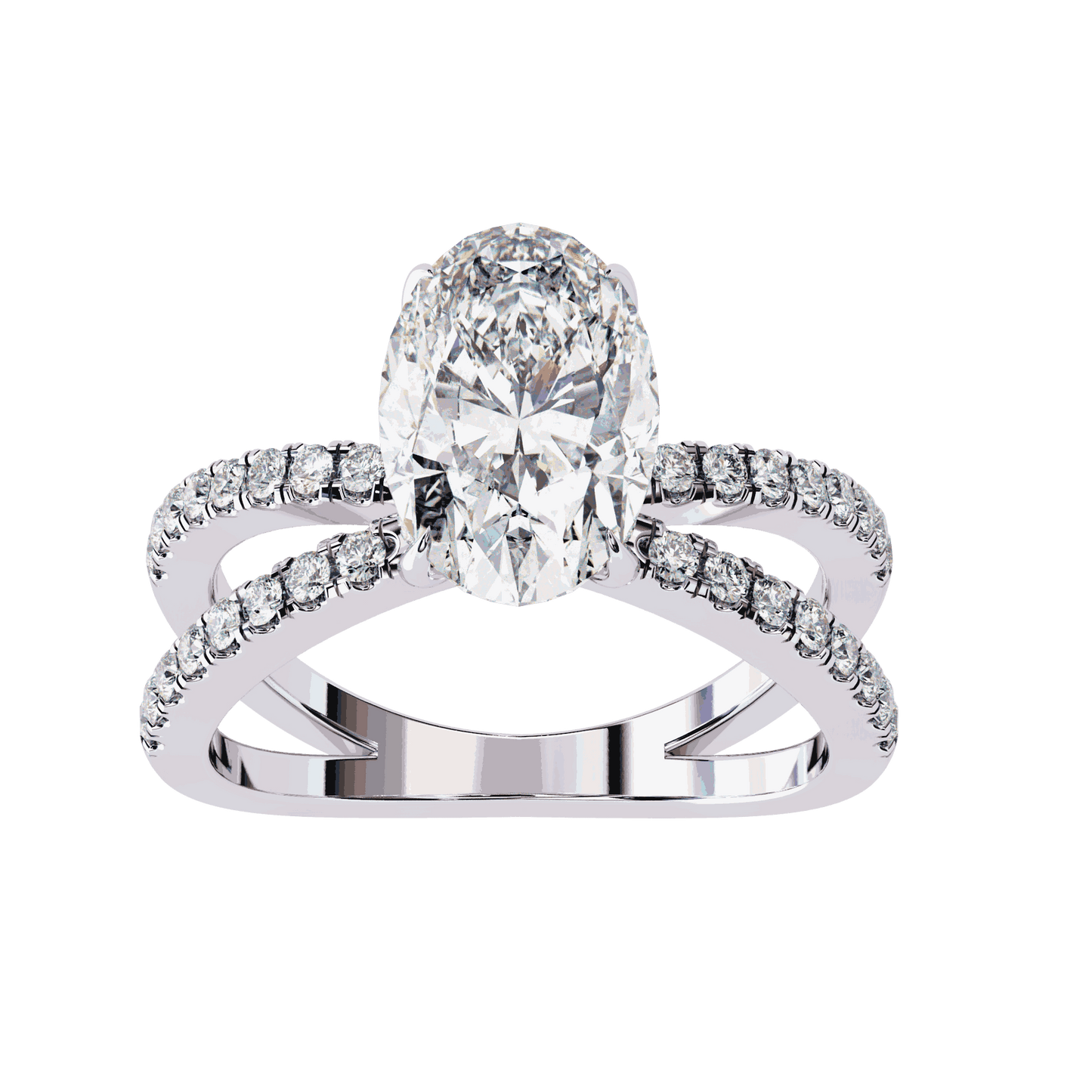 Oval Cut Lab Grown Diamond Side Stone Engagement Ring with Pavé Crossover Shank