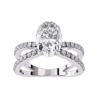 Oval Cut Lab Grown Diamond Side Stone Engagement Ring with Pavé Crossover Shank