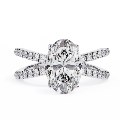 Oval Cut Lab Grown Diamond Side Stone Engagement Ring with Pavé Crossover Shank
