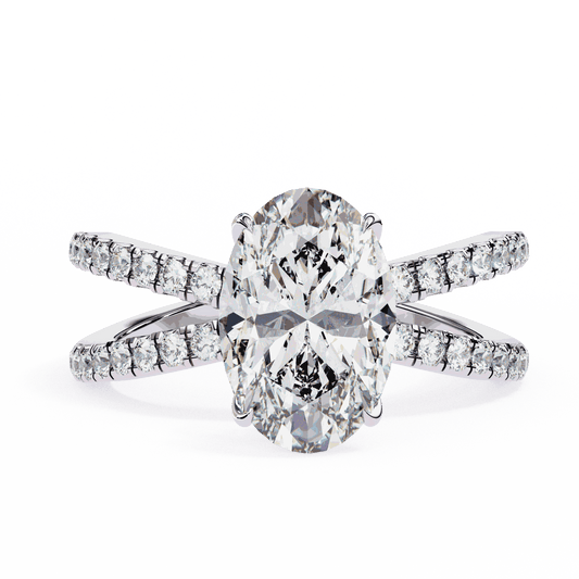 Oval Cut Lab Grown Diamond Side Stone Engagement Ring with Pavé Crossover Shank