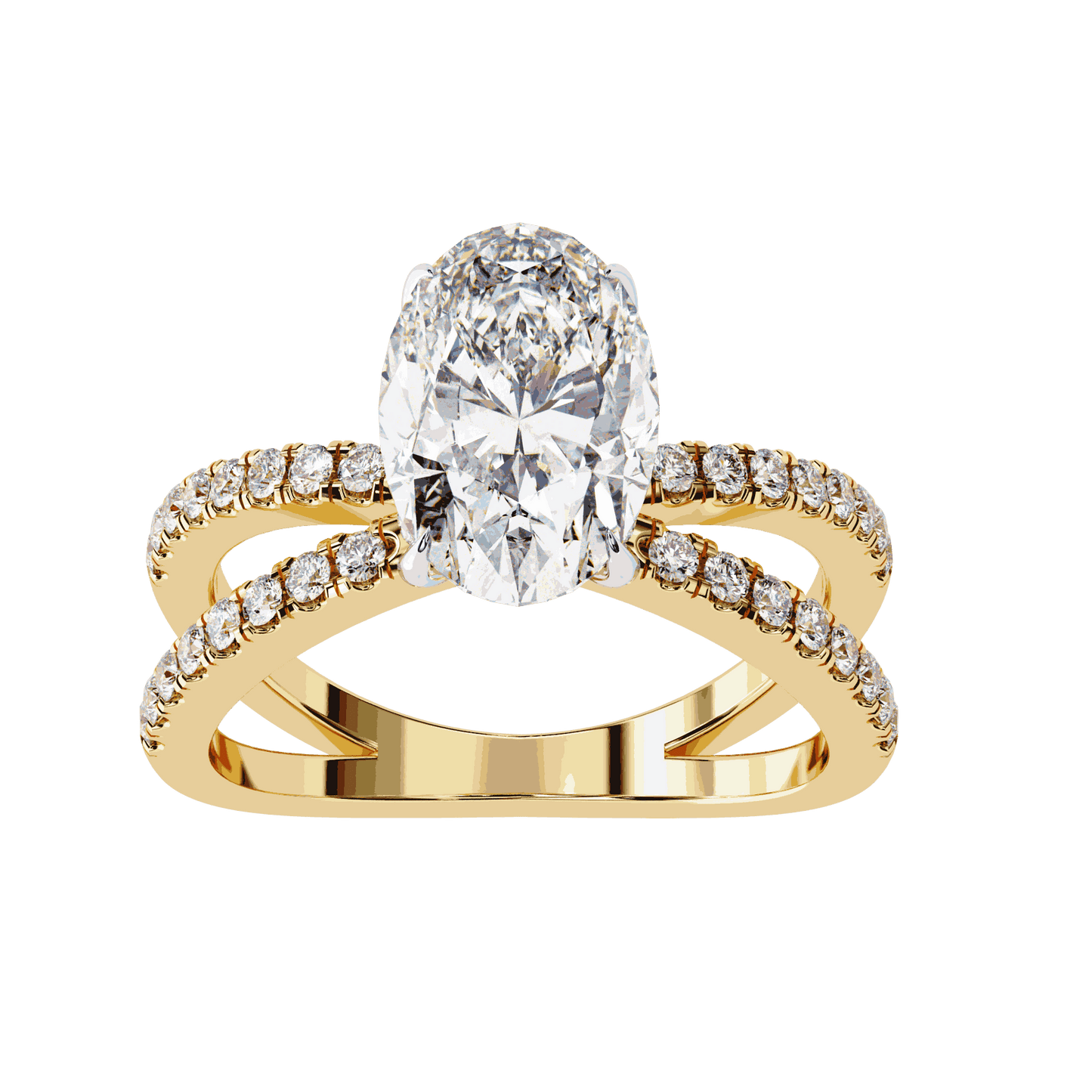 Oval Cut Lab Grown Diamond Side Stone Engagement Ring with Pavé Crossover Shank