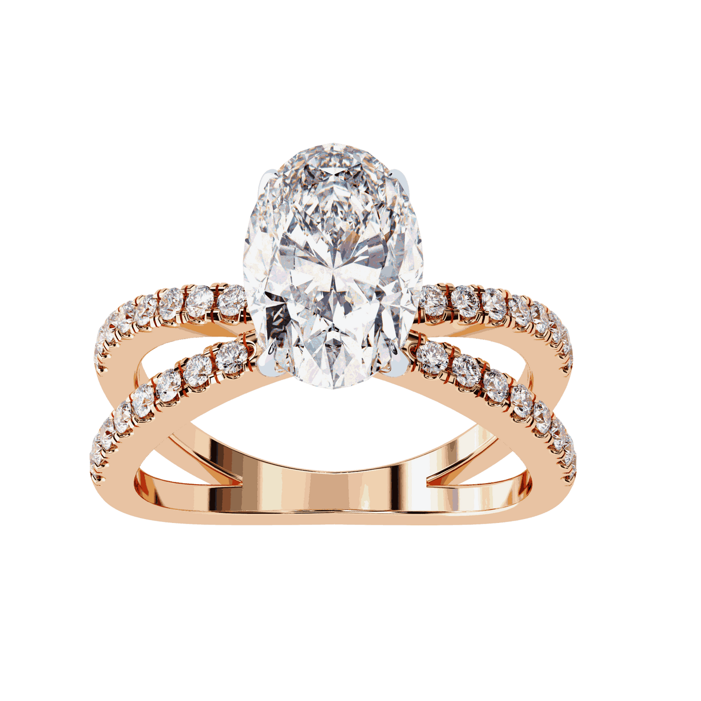 Oval Cut Lab Grown Diamond Side Stone Engagement Ring with Pavé Crossover Shank