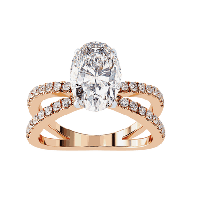 Oval Cut Lab Grown Diamond Side Stone Engagement Ring with Pavé Crossover Shank