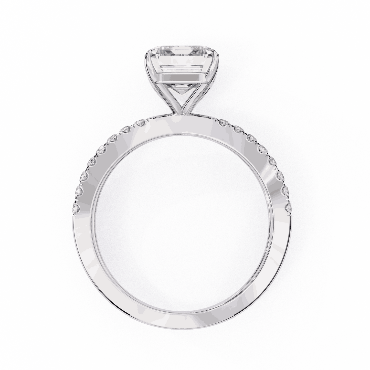 Emerald Cut Lab Grown Diamond Side Stone Engagement Ring with Pavé Crossover Shank