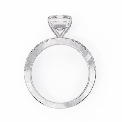 Emerald Cut Lab Grown Diamond Side Stone Engagement Ring with Pavé Crossover Shank