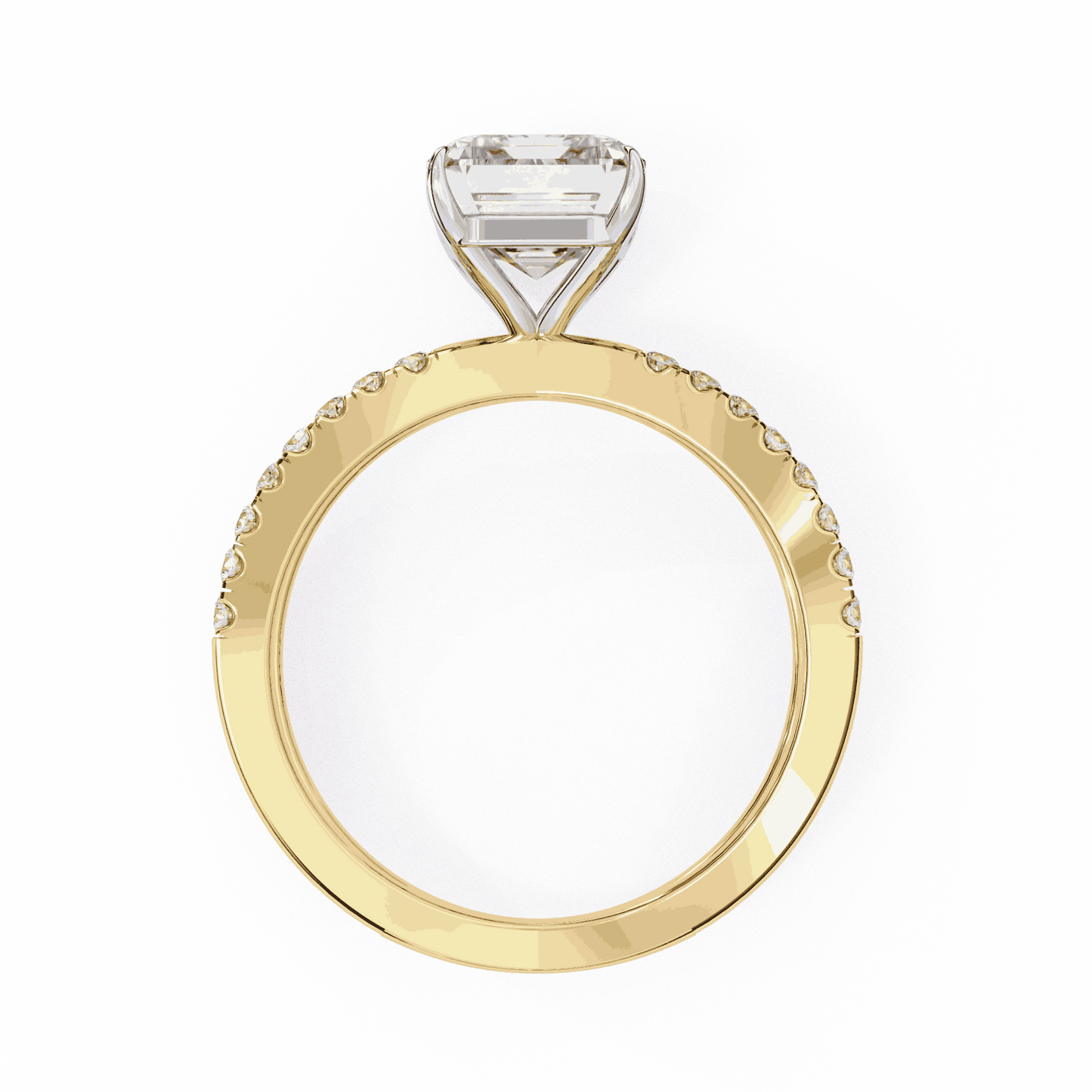 Emerald Cut Lab Grown Diamond Side Stone Engagement Ring with Pavé Crossover Shank