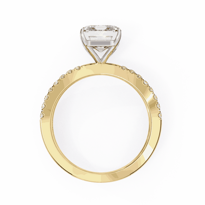 Emerald Cut Lab Grown Diamond Side Stone Engagement Ring with Pavé Crossover Shank