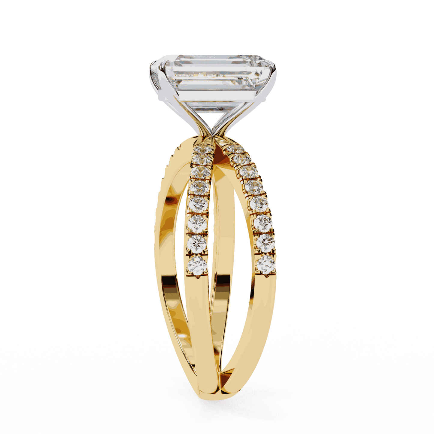 Emerald Cut Lab Grown Diamond Side Stone Engagement Ring with Pavé Crossover Shank