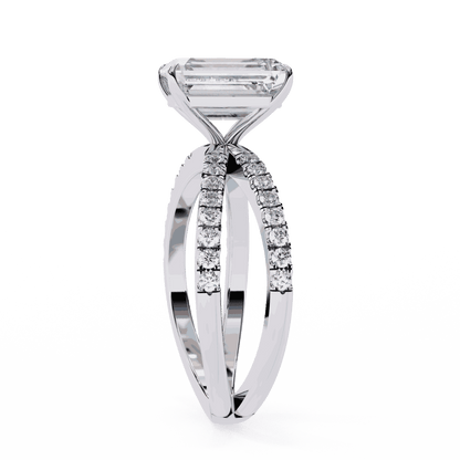 Emerald Cut Lab Grown Diamond Side Stone Engagement Ring with Pavé Crossover Shank
