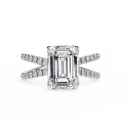 Emerald Cut Lab Grown Diamond Side Stone Engagement Ring with Pavé Crossover Shank