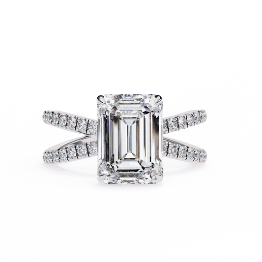 Emerald Cut Lab Grown Diamond Side Stone Engagement Ring with Pavé Crossover Shank
