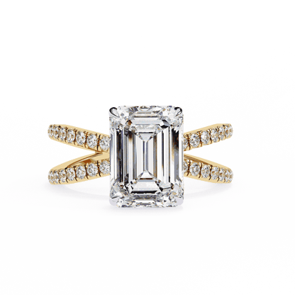 Emerald Cut Lab Grown Diamond Side Stone Engagement Ring with Pavé Crossover Shank
