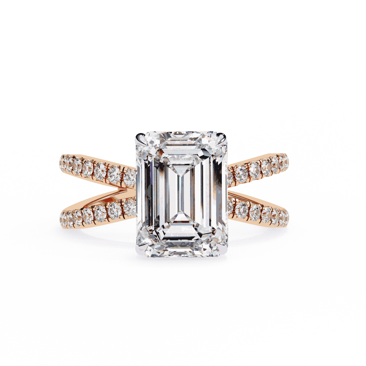 Emerald Cut Lab Grown Diamond Side Stone Engagement Ring with Pavé Crossover Shank
