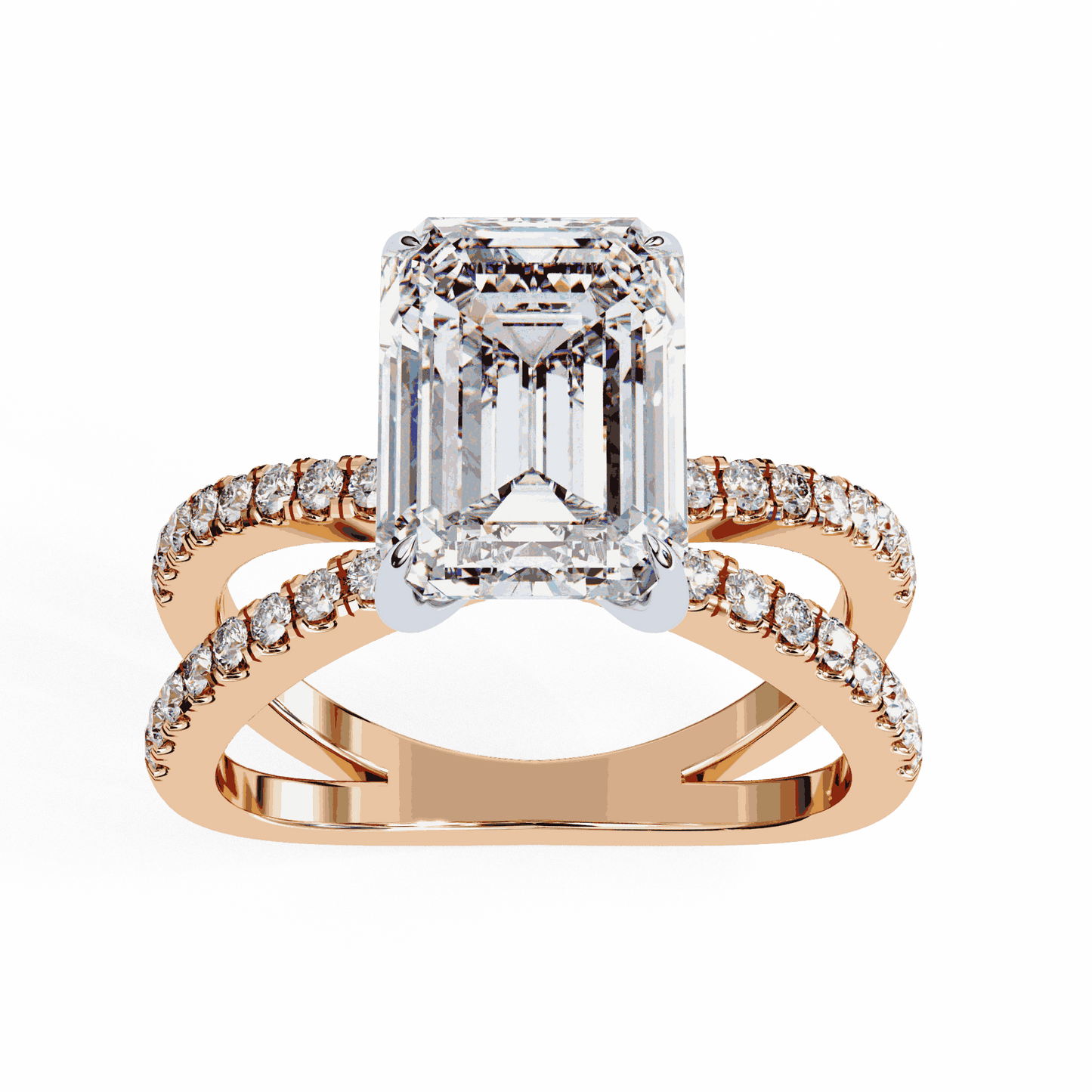 Emerald Cut Lab Grown Diamond Side Stone Engagement Ring with Pavé Crossover Shank